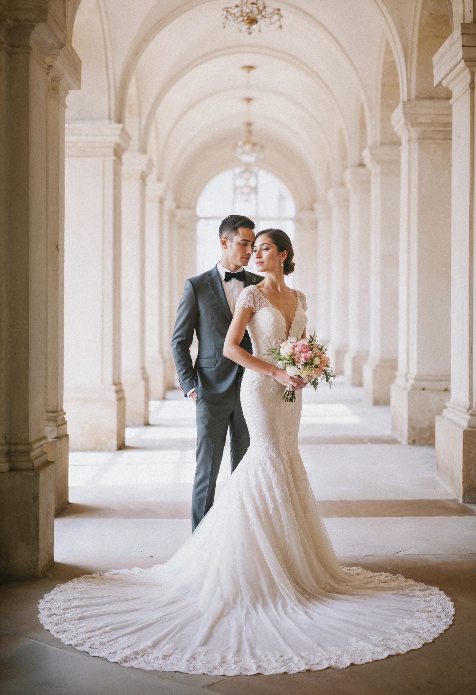 Kemerli bir koridorda poz veren gelin ve damat